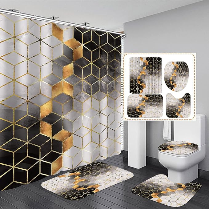 4Pcs Black Gradient Shower Curtain Set,Black Marbling Golden Cubic Lines Bathroom Set Texture Modern Art Bath Accessories with Mats