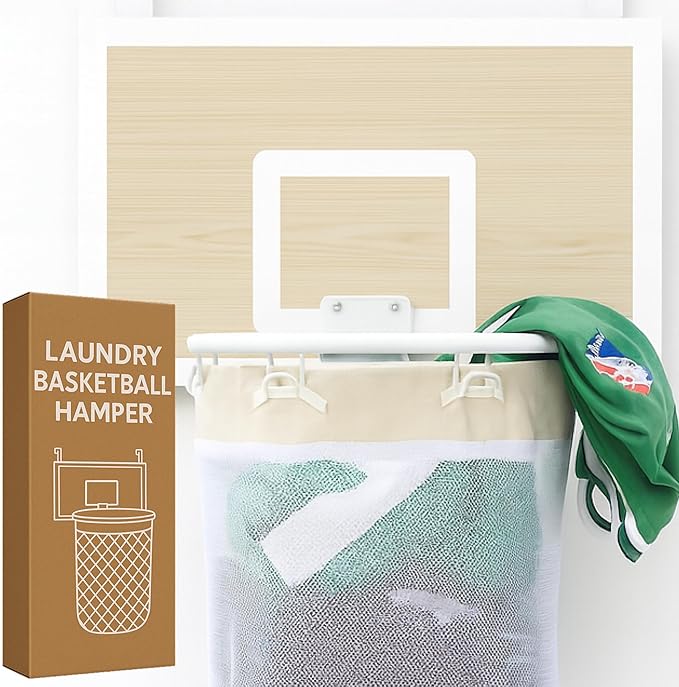 ActiveJoy – Basketball Laundry Hamper – Wooden Backboard & Mesh Hoop Laundry Basket – Over Door Hanging Organizer for Kids - White Oak