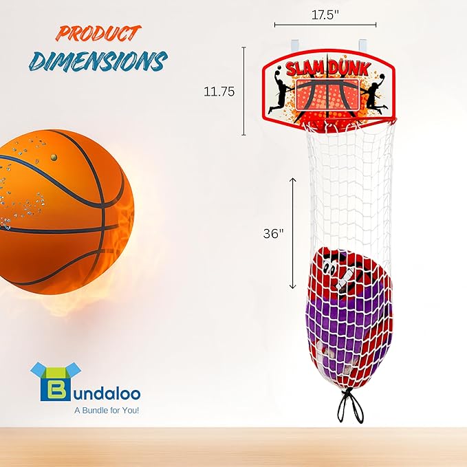 Bundaloo Basketball Laundry Hamper – Over-the-Door Hanging Hoop for Kids, Boys Bedroom Room Decor, 2-in-1 Laundry Bag & Hoop