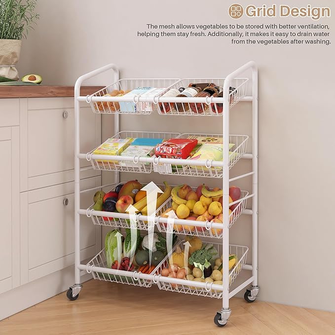 UMDONX Fruit Basket Storage Cart with 8 Baskets and Wheels – Rolling Metal Kitchen Organizer for Fruits, Vegetables, Snacks & Pantry – Space-Saving Multi-Purpose Storage Rack for Home & Apartment