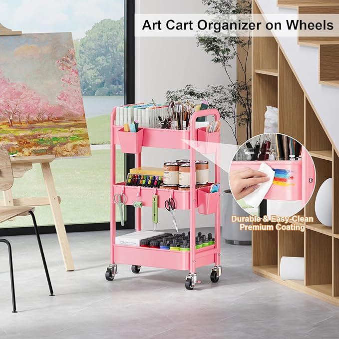 3 Tier Pink Rolling Cart with Lockable Wheels, Metal Utility Carts Organizer on Wheels for Kitchen, Nursery, Snack, Bedside Cart for Baby Essentials, Easy Assemble Mobile Storage Roller Trolley