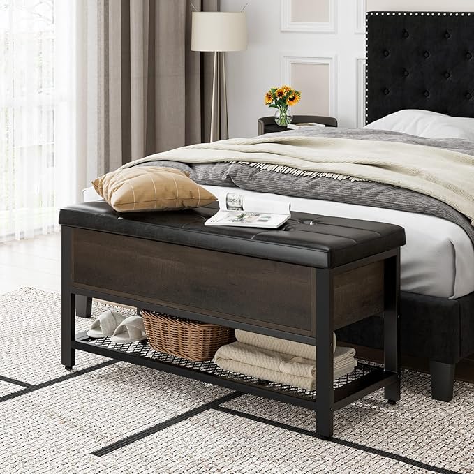 HOSTACK Storage Bench, Entryway Shoe Bench with Flip-Open Storage Box, End of Bed Ottoman Bench with Storage Shelf and Padded Seat for Bedroom, Hallway, Dark Brown