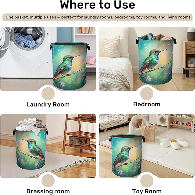 Hummingbird Laundry Basket - Heavy Duty 60L Laundry Hamper, Water Resistant Foldable Dirty Clothes Organizer for Men Women