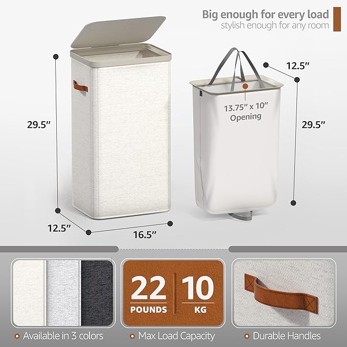 Sorbus Laundry Hamper with Lid – Collapsible Fabric Laundry Basket with Handles and Removable Laundry Bag – 26.5 Gallon (100 L) Dirty Clothes Hamper for Bedroom, bathroom and dorm - 2 Pack (Beige)