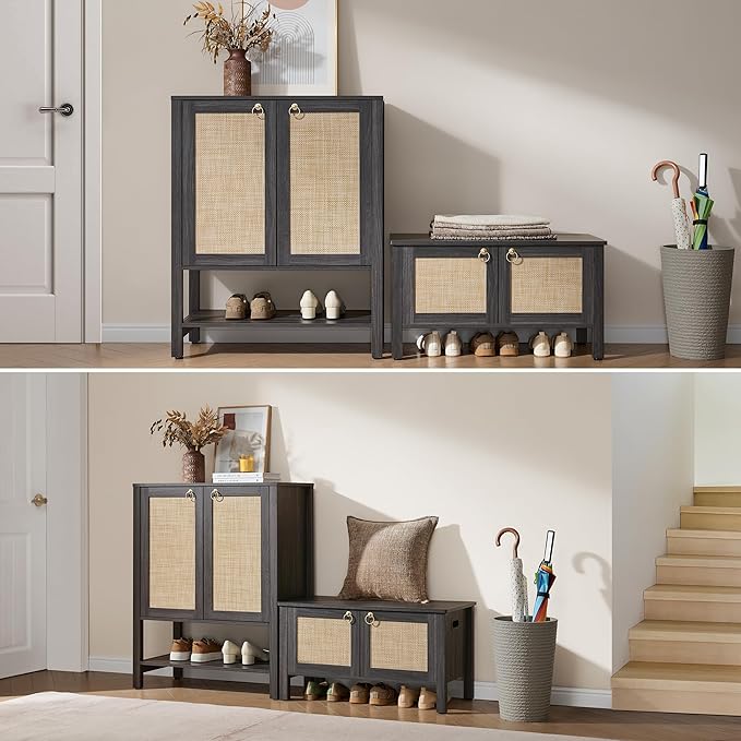 SICOTAS Shoe Rack Bench Entryway Bench with Lift Top Storage: Rattan Shoe Cabinet Bench with Safety Hinges, Farmhouse Boho Wooden Storage Chest for Bedroom, Entryway, Hallway, Living Room