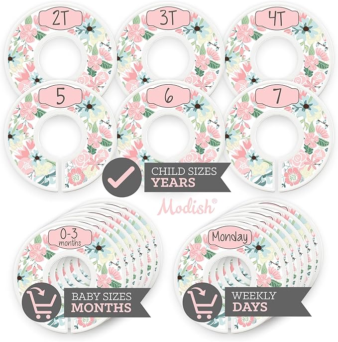 Kids Closet Organizers and Storage, Baby Toddler Child Hanging Clothes Size Dividers: Months & Years, Kids Clothes Organizer, Girl Boho Vintage Pink Floral Baby Nursery and Children Room Décor
