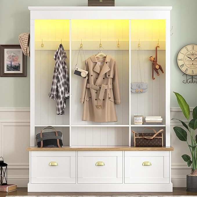 Farmhouse 75" H Hall Tree with 9 Golden Hooks, 3 Large Cabinets, Open Shelves, Roman Column Design Natural Storage Bench, Entryway Organizer with Shelves for Mudroom, Hallway (White,75)