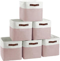 Cube Storage Baskets 6 Pack, 11x11 inch Cube Storage Bins with Leather Handles for Shelf Closet (White/ Pink)