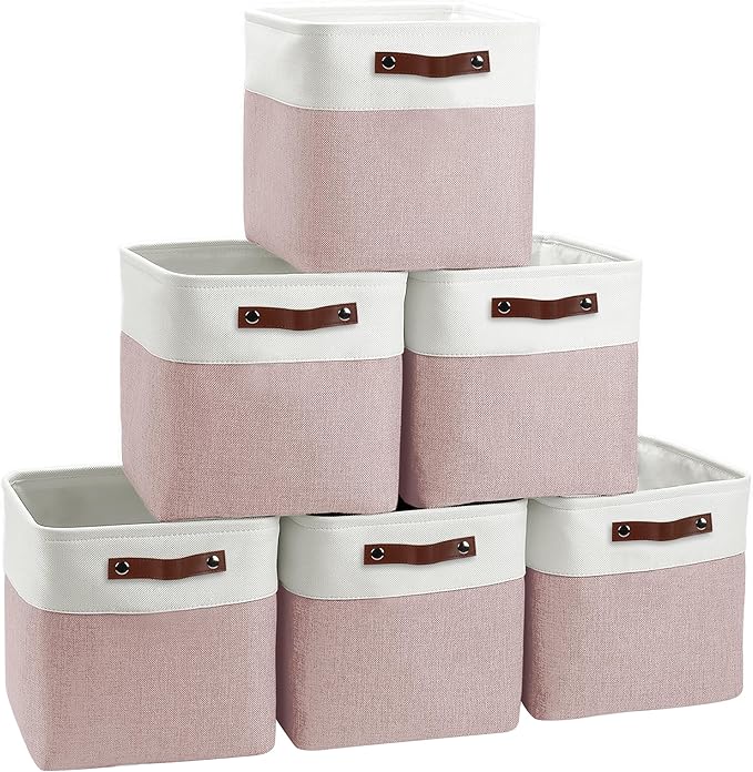 Cube Storage Baskets 6 Pack, 11x11 inch Cube Storage Bins with Leather Handles for Shelf Closet (White/ Pink)