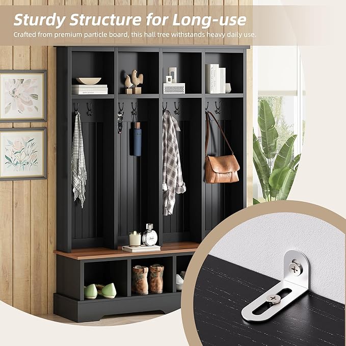 Farmhouse 59" Wide Hall Tree with 8 Hanging Hooks, Wood Grain Bench with Open Compartments, 76.7" H Entryway Shoe Rack Coat Hanger for Living Room Mudroom Hallway (Black-8.26)