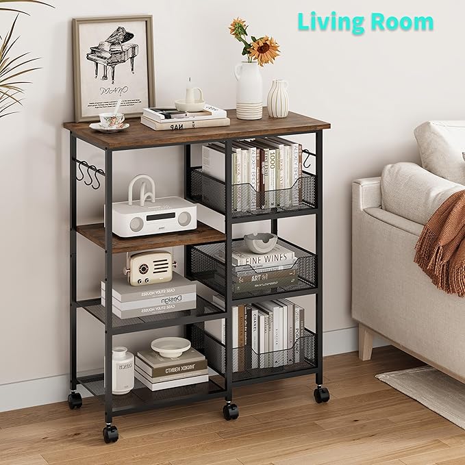 HapiRm Rolling Kitchen Carts with Storage - Microwave Table Stand with 6 Hooks & 3 Baskets, kitchen Island Cart on Lockable Wheels, 28.3" L × 14.6" W Bakers Rack Cart for Dining Room Coffee Bar Office