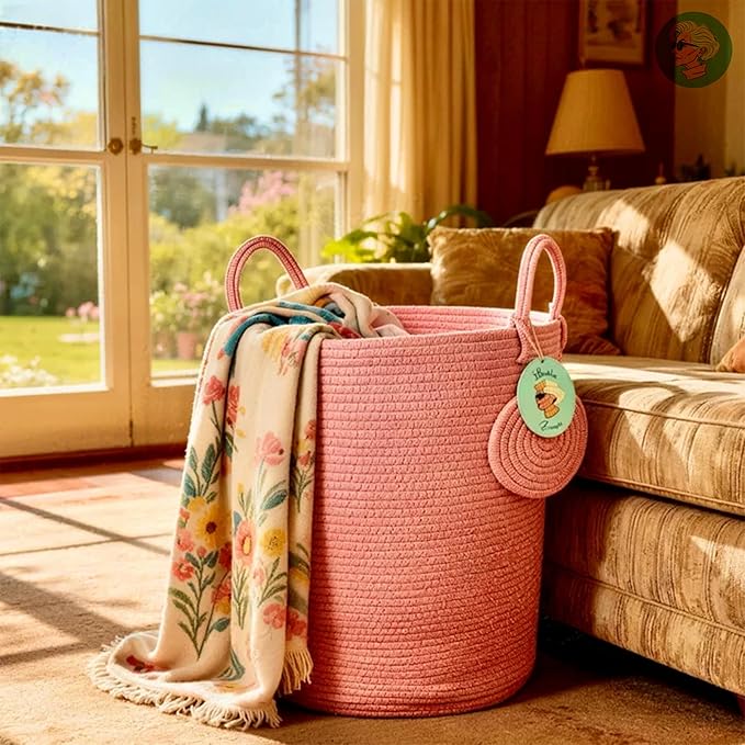 Modern Granny Medium Cotton Rope Laundry Hamper 14x16 Inch Dual Secure Woven Handle for Living Room Closet Clothes Blanket Organization