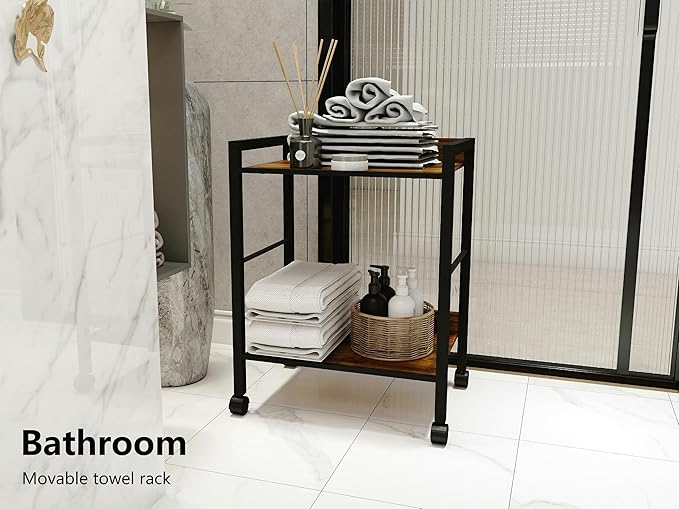 2-Tier Rolling Utility Cart Night Stand Organizer with Brown Wood Shelves and Black Metal Frame, End Side Table Storage Trolley on Wheels for Kitchen Office, Bathroom, Living Room