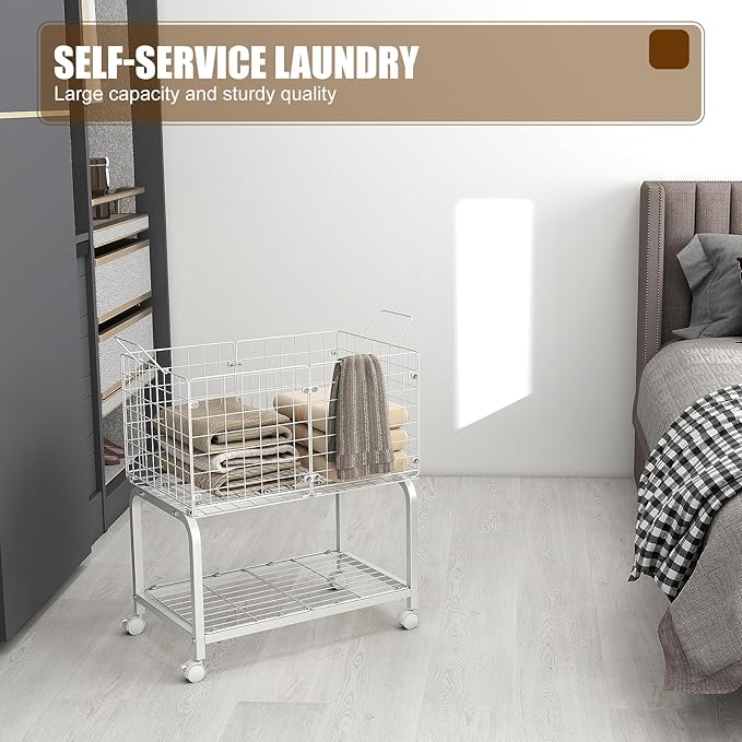 2-Tier Rolling Laundry Basket Cart with Wheels,Bathroom Laundry Hamper Cart with Handle and Divider,Multi-Purpose Storage Organizer for Laundry Room, Bathroom, Kitchen, Bedroom