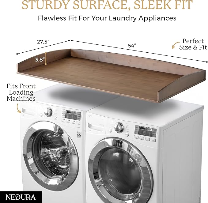 Nedura Washer Dryer Countertop with Anti-Vibration Pads, Curved Edge Rails, Premium Bamboo Laundry Countertop, Washer Dryer Topper, Laundry Room Organization, Laundry Room Accessory – Dark Walnut