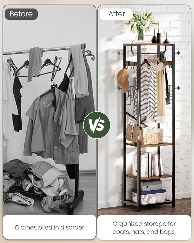 Coat Rack with Shelves, Freestanding Hall Tree, Coat Tree with 16 Hooks and Hanging Rail, Industrial Clothes Stand for Entryway, Hallway, Bedroom, Rustic Brown and Black TYM18BF