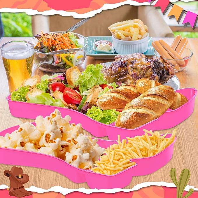 Uiifan 24 Pcs Cowboy Boot Party Serving Trays, Disposable Plastic Compartment Plates Boot Shaped Plates Western Theme Party Decorations Tableware for Cowboy Cowgirl Birthday Supplies(Pink)