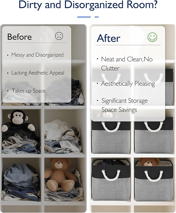 11 Inch Cube Storage Bins, 6 Pack Fabric Storage Cubes with Rope Handles, Organizer Baskets for Closet Shelves, Clothes and Home Organization(Dark/Gray)