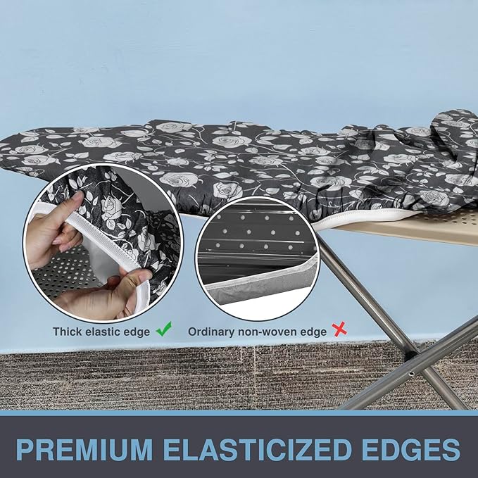 Ironing Board Cover and Pad, Standard Size 15x54, Thick Padding, Elastic Edge, Resist Scorching, Adjustable Fastener, Heavy Duty Floral Iron Board Covers (Rose)