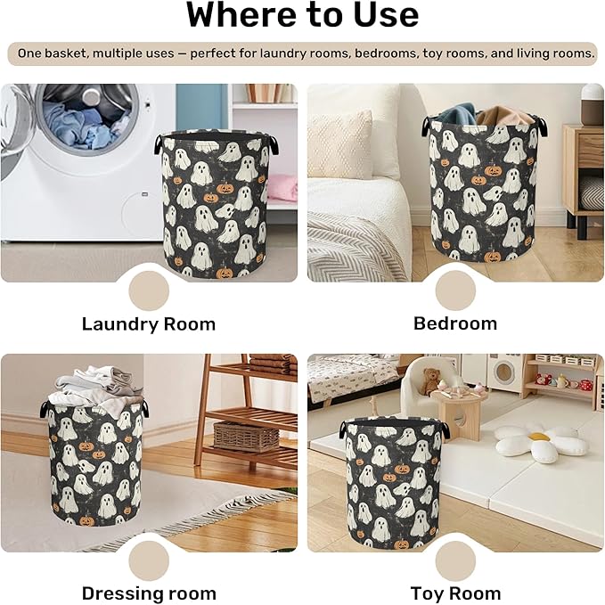 Halloween Ghost Pumpkin Large Clothes Hamper Bag - Laundry Basket with Handles, Space Saving Foldable Design for Nursery