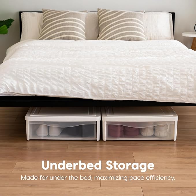 IRIS USA 22 Qt Under Bed Storage, Stackable Organizer Bin Plastic Container with Sliding Drawer, 2 Pack, Multi-Purpose for Clothes, Shoes, Bedding, White