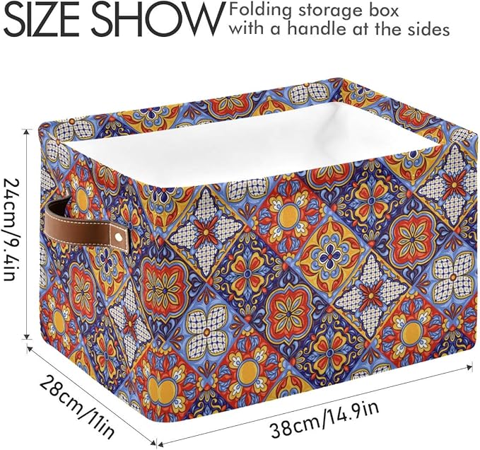 Foldable Storage Baskets Set of 2, Mexican Ceramic Tile Pattern Storage Bins with Handles, Decorative Cloth Organizer Storage Boxes for Home|Office 15 x 11 x 9.5 in