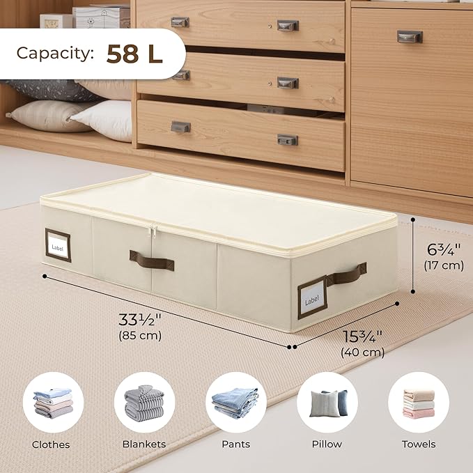 Cupic Cupid Under Bed Storage Containers, Foldable Organizer with Lid for Bedroom, Underbed Storage Box for Blankets, Clothes, Shoes, 2 Pack, Beige