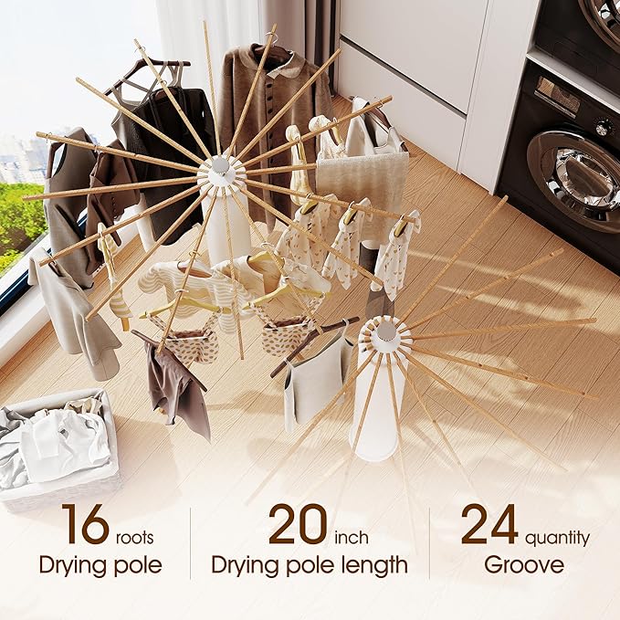 Clothes Drying Rack Foldable,Laundry Drying Rack,Drying Rack Clothing(16 Wood Poles),Clothes Hanger Rack,Laundry Rack Folding,Collapsible,Retractable