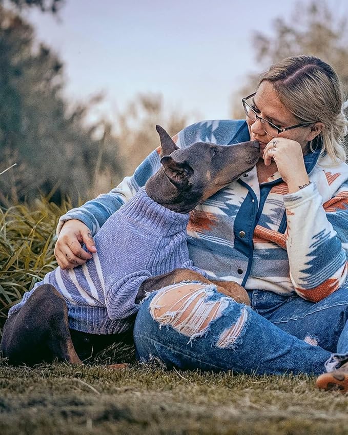 Blueberry Pet Cozy Soft Chenille Classy Striped Dog Sweater in Stonewash Blue, Back Length 10", Pack of 1 Clothes for Dogs