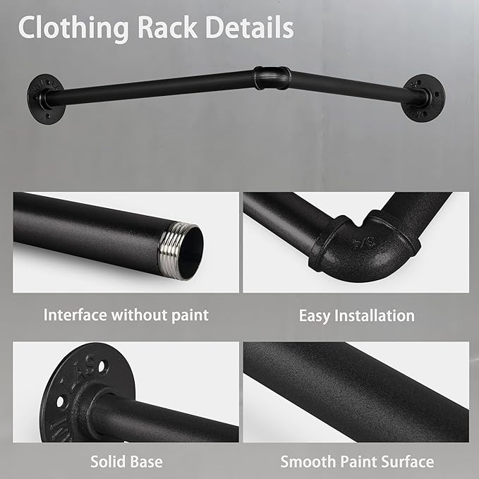 AddGrace Industrial Pipe Garment Rack Iron Wall Mounted Right Angle Corner Clothing Rack with Screws DIY Home Storage Display (Black) 18.1"