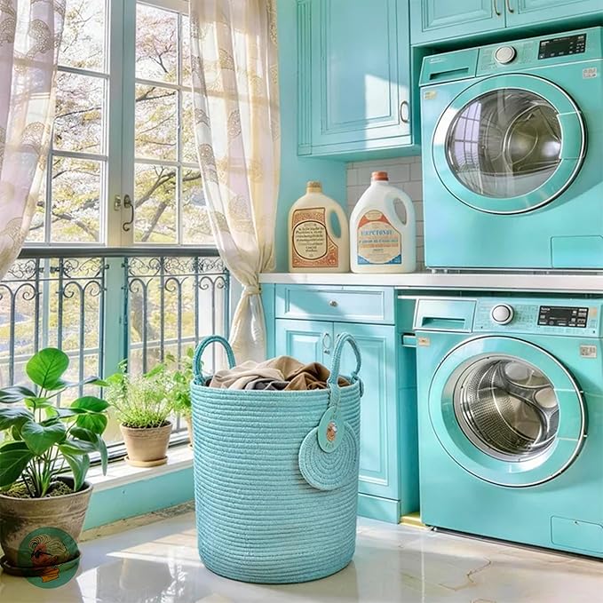 Modern Granny Medium Cotton Rope Laundry Hamper 14x16 Inch Dual Secure Woven Handle for Living Room Closet Clothes Blanket Organization