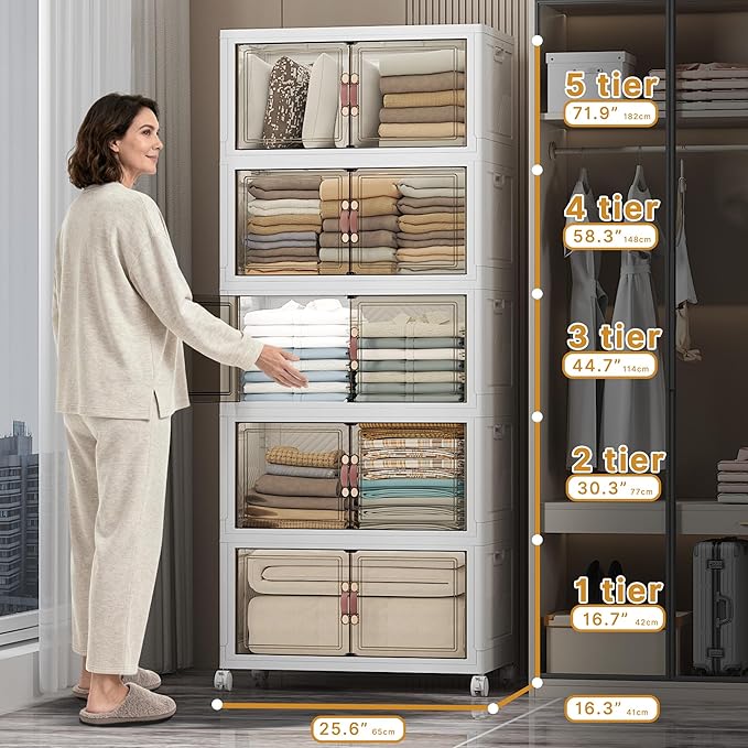 Extra Large Stackable Storage Bins with Lids & Wheels & Door, 560QT-112QT/28GAL*5Pack Foldable Collapsible Closet Organizers, Plastic containers drawers for bedroom Dorm