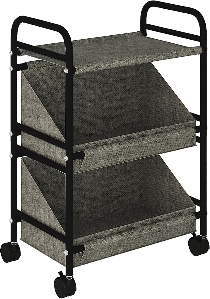 Buzowruil Utility Rolling Fabric Storage Rack Trolley Toy Rack Trolley with 2 Large Storage Boxes,Wheels, Suitable for Bedroom, Living Room, Entryway, Grey