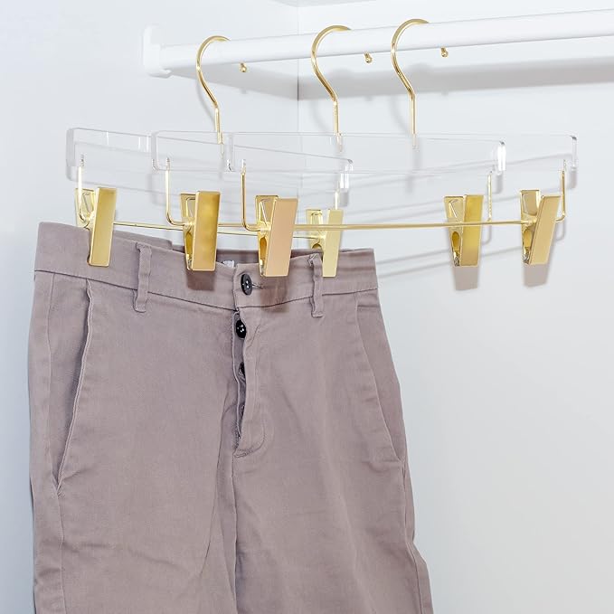 HomeCube USA Clear Acrylic Clothes Hanger with Gold Hooks & Clips – Heavy Duty Organizer for Skirts, Pants & More – Elegant Lucite Design for Closet, Home, Boutique & Retail Use