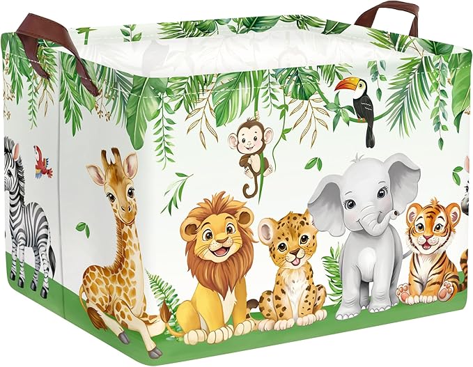 Jungle Animals Laundry Hamper Large Storage Basket Cartoon Wild Zoo Collapsible Parents Organizer Kids Toy Clothes Bins for Bedroom, Bathroom, Lion, 36L