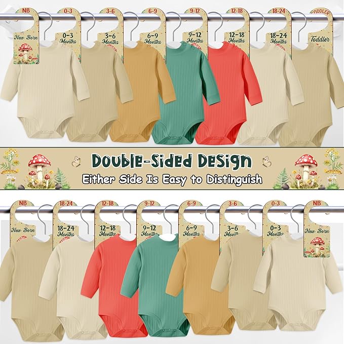 Baby Closet Dividers 8PCS, Mushrooms Themed Wooden Double-Sided Clothes Size Hanger/Organizer from Newborn to Toddler for Nursery Decor Baby Shower Birthday Gender Reveal Party Gift