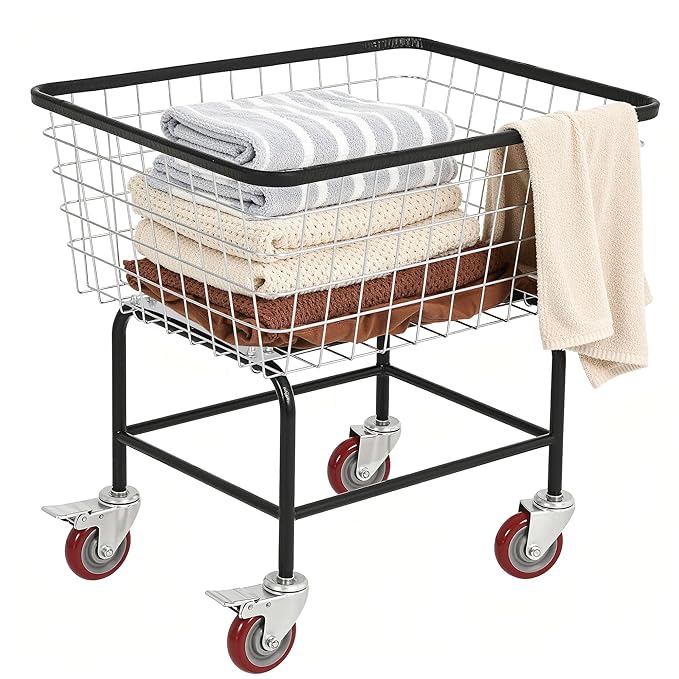 Extra-Large Rolling Laundry Cart with Wheels Holds 4 Washer Loads, Wire Laundry Basket, Heavy-Duty Steel Storage Basket with Galvanized Finish, for Commercial or Home Laundry