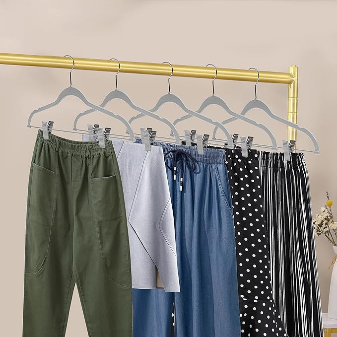 80 Pack Gray Quality Plastic Non Velvet Non-Flocked Thin Compact Coat Hangers with Metal Clips for Skirts Pants Blouses 360° Swivel Hook