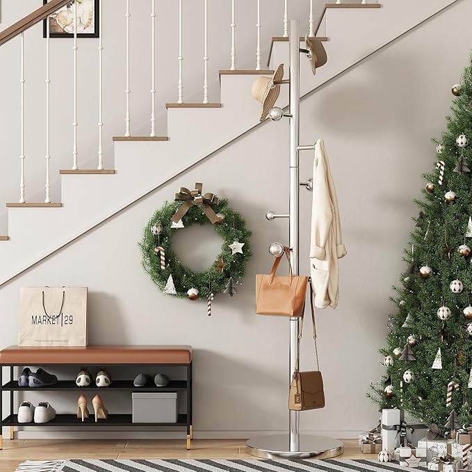 Coat Rack Freestanding Coat Tree with 8 Hooks Heavy Duty Coats Hanger Stand Metal Coats Rack Stand for Jacket Hat Clothes Bag Stainless Steel Hall Tree Hat Racks for Entryway Bedroom, Silver