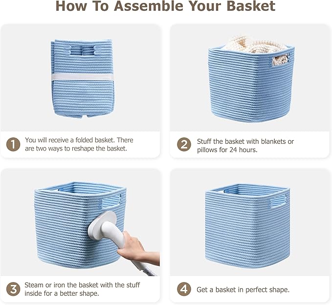 UBBCARE Storage Cubes 11 Inch, Cotton Rope Woven Baskets for Organizing, Cube Storage Bin for Baby Nursery, 4-Pack Square Toy Storage Baskets for Shleves Organizer, Closet, Kidsroom, Blue