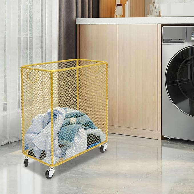 Laundry Basket on Wheels, Large Rolling Laundry Hampers, Stackable Storage Cart with Handles Removable Wire Organizer Baskets Clothing Sorting Rack (Gold, Rectangular)
