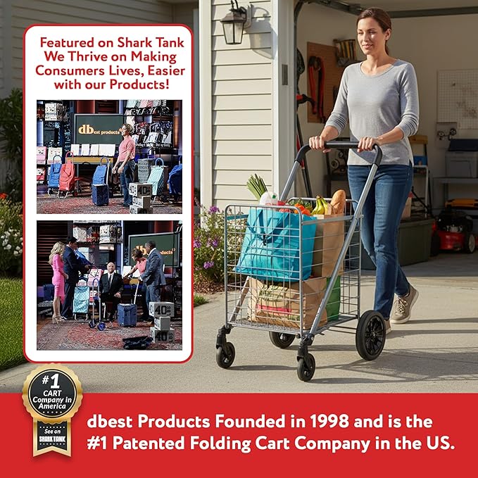 dbest Products Cruiser Cart Deluxe 2 - Foldable Shopping Cart with Wheels & Brake System - Heavy Duty Collapsible Utility Cart for Groceries & Laundry - Holds 100 lbs - Silver, Alloy Steel