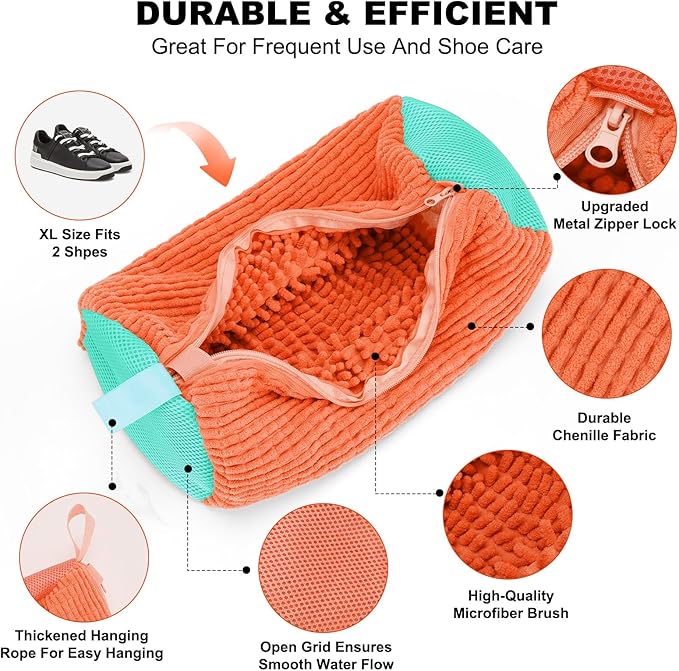 Shoe Washing Machine Bag - Shoe Laundry Bag for Washer and Dryer, Reusable 2 Pack, 360° Deep Cleaning, Self-Locking Zipper, Fits All Sneakers & Tennis Shoes - Orange