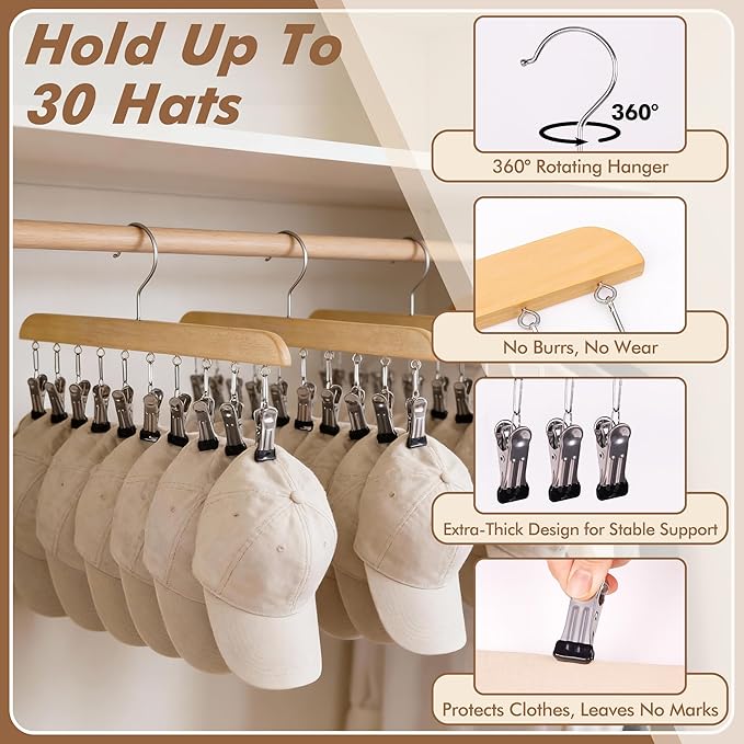 3 Pack Hat Organizer Hanger with 10 Adjustable Stainless Steel Clips, Hat Hangers for Closet, Cap Organizer for Closet, Hats Holder for Ball Caps & Accessories