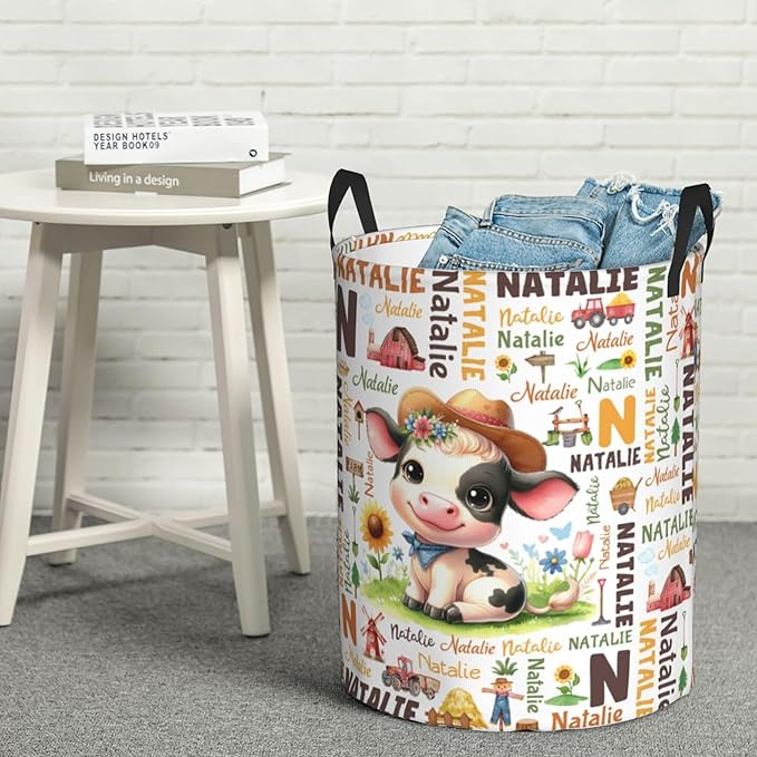 Personalized Farm Cow Laundry Basket For Baby Kids Boys Girls Adult Custom Hamper Basket With Name For Bathroom Bedrooms Collapsible Baby Laundry Basket, Dirty Clothes Hamper With Handles