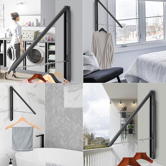 Foldable Clothes Drying Rack, Wall Mounted Retractable Drying Rack Clothes Hanger for Laundry, Bathroom, Balcony Use, Space Saving Laundry Racks and Closet Organizer, Aluminum (Black)