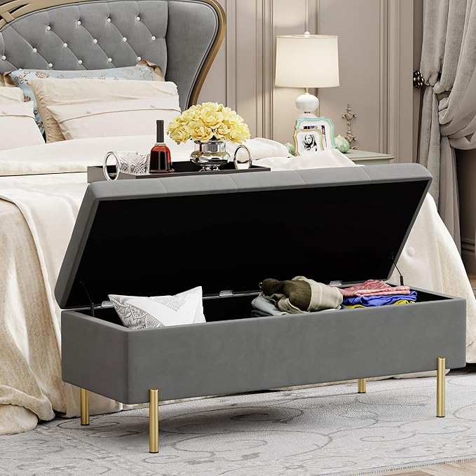 Andeworld Velvet Storage Bench, Modern Bedroom Bench, Upholstered Tufted Large Settee Ottoman with Storage Bench for Bedroom,Living Room,Entryway,Grey