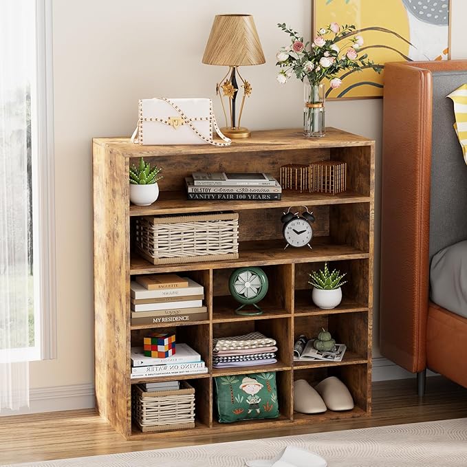 9-Cubby Shoe Rack with 2 Storage Shelf, 3-Tier Wood Shoe Organizer, Multifunctional Shoe Organizer Bench for Entryway, Mudroom, Hallway, Closet, Brown