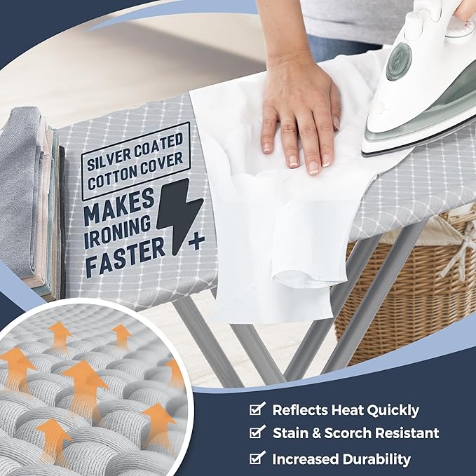 STO STO Ironing Board 48" x 18" with Iron Holder, Cord Holder and Clothes Rack, Adjustable Height 27" to 37", Full Size Foldable Iron Board with Silver Coated Cotton Removable Cover, Gray Checkered