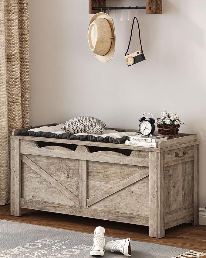 39.4" Storage Chest, Lift-Top Storage Trunk with 2 Hinges, Wooden Bench Box Chest Organizer for Bedroom, Entryway, Living Room, Greige SB04505X